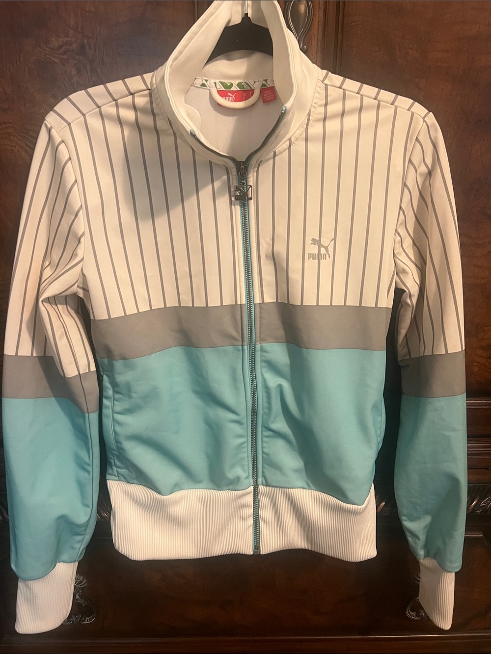 Puma White, Teal & Gray Pinstripe Zip Track Jacket